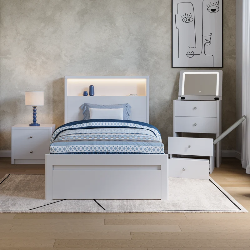 Echo Bed Frame with Gas-lift & Drawer storage - White