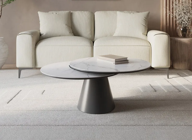 SELENIA Table basse ronde à plateau pivotant en verre trempé et céramique effet marbre blanc SELENIA