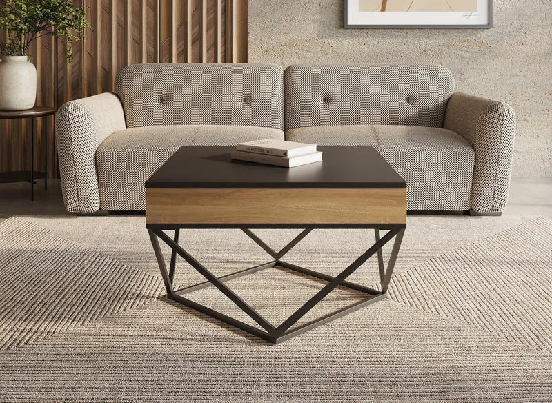 ZELIE Table basse en bois avec plateau pivotant en verre trempé noir et pieds métal ZELIE