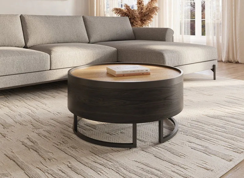 THELIO Table basse ronde avec plateau pivotant et rangement en bois et métal noir THELIO