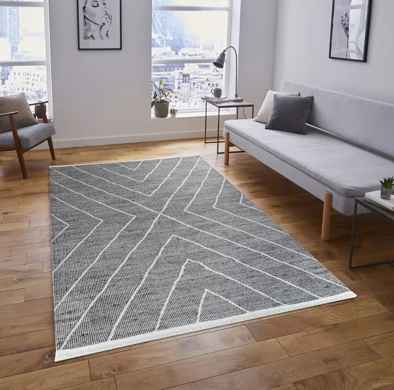Tapis moderne gris à motifs géométriques EFE 1020 – Franges blanches
