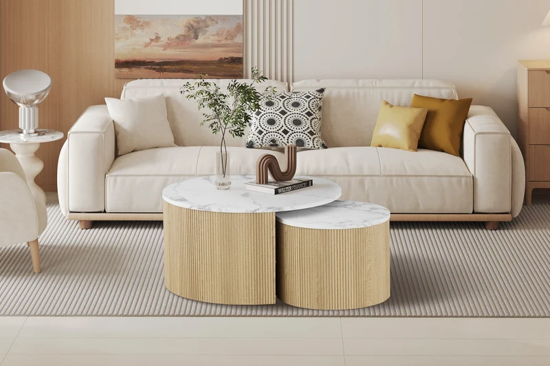 Set Table basse 'Rowan' Ronde Décor Marbre Beige - 3107