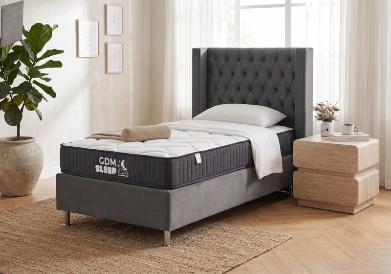 Ensemble lit coffre gris et matelas ressorts 90x190 - Kobe