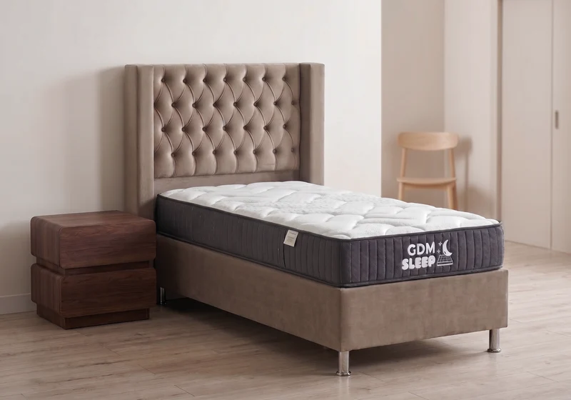 Ensemble lit coffre taupe et matelas ressorts 90x190 - Kobe