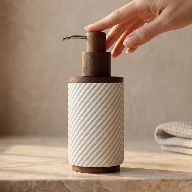 Distributeur de savon - Résine blanche et bois - ASCOLI