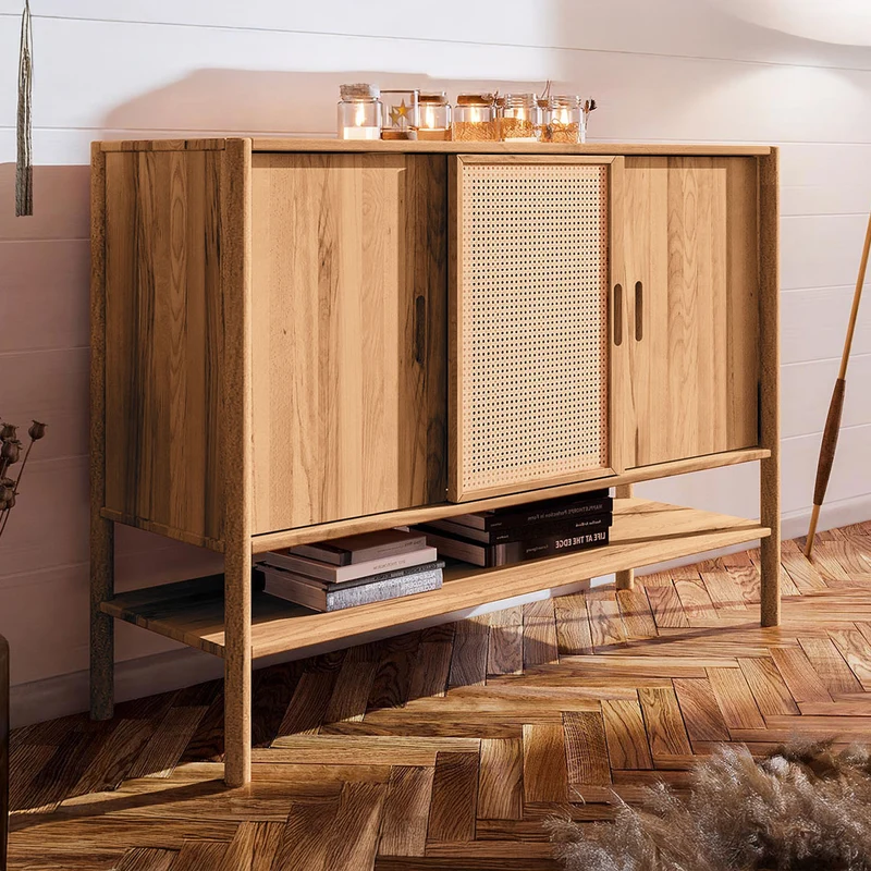 Buffet 142 cm 3 portes - Bois massif hêtre et rotin - SOGNO