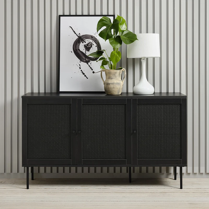 Buffet 140 cm 3 portes - Bois et cannage noirs - MANAROLA
