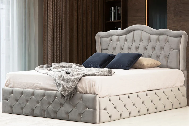 Cadre de Lit Velours Capitonné Gris avec Détails Cristal