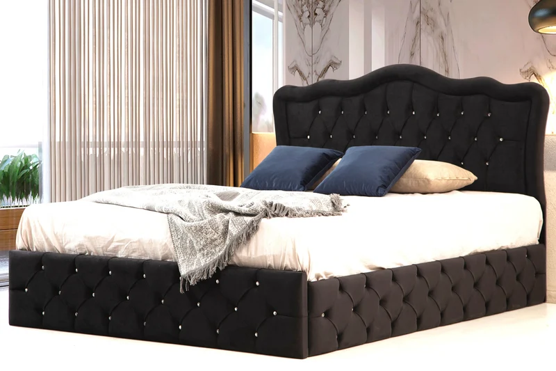 Cadre de Lit Velours Capitonné Noir avec Détails Cristal