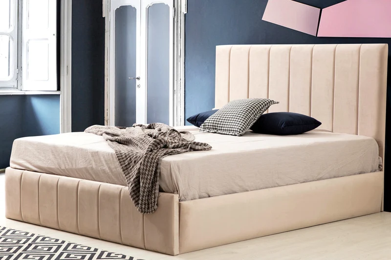 Cadre de Lit Velours Beige Naturel Design Minimaliste