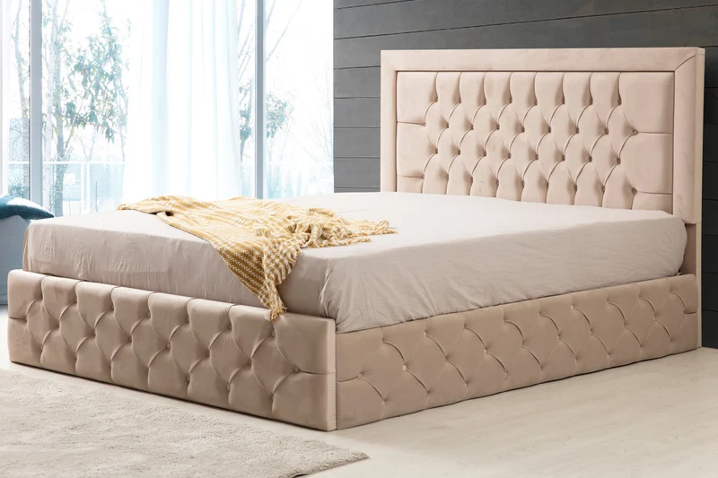 Cadre de Lit Velours Capitonné Beige Crème