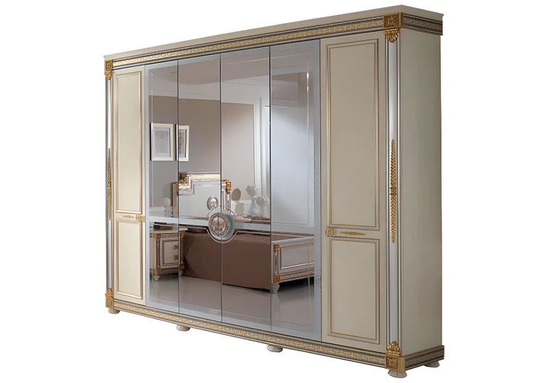 Armoire 6 portes blanc laqué et doré avec miroirs - Liberty