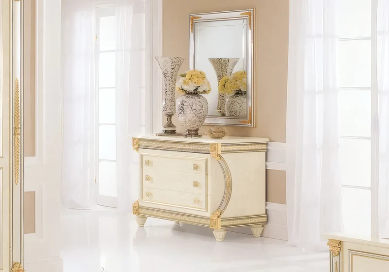 Commode 3 tiroirs blanc laqué avec ornements dorés - Liberty