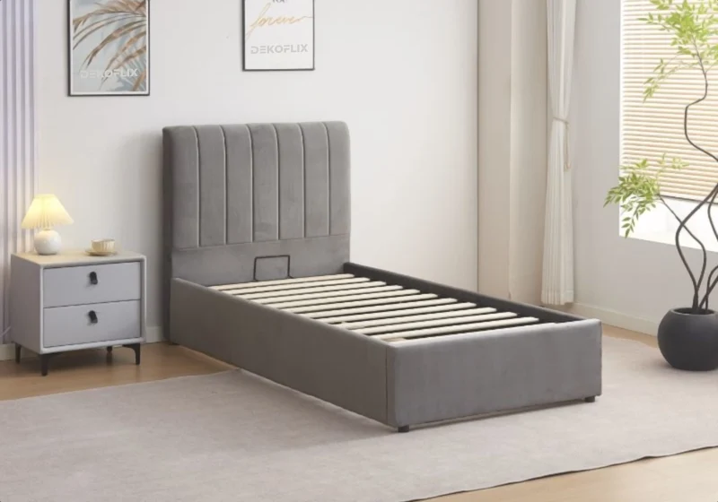 Lit coffre 90x190 velours gris avec sommier - Onora
