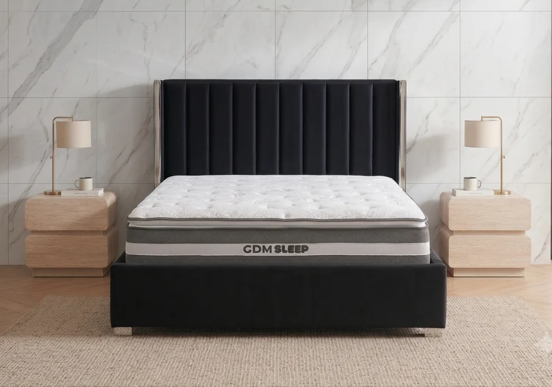 Ensemble lit coffre noir argenté et matelas ressorts - Jade