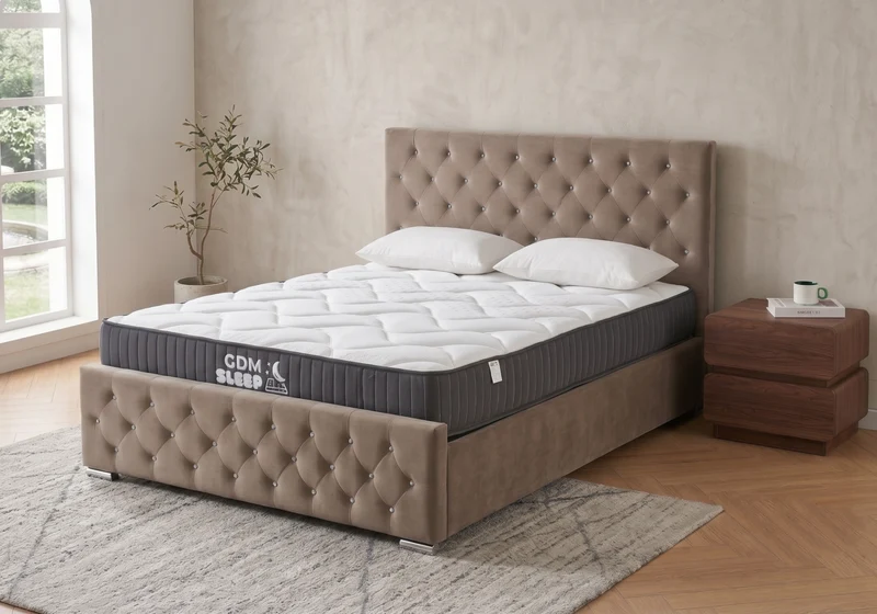 Ensemble lit capitonné taupe à strass et matelas ressorts - Anis