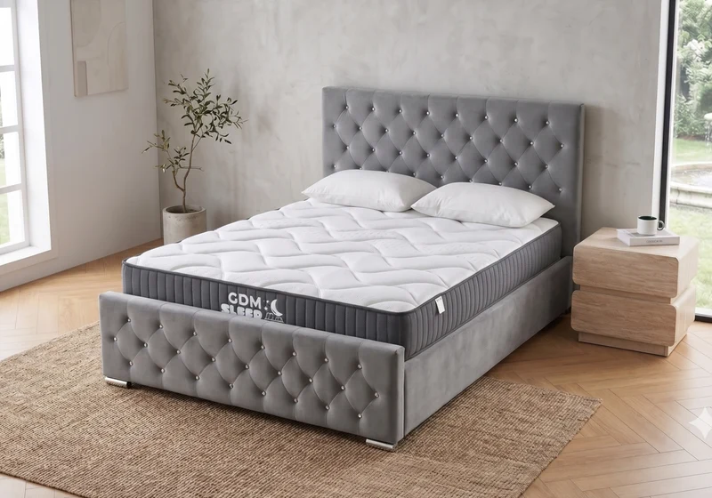 Ensemble lit capitonné gris à strass et matelas ressorts - Anis