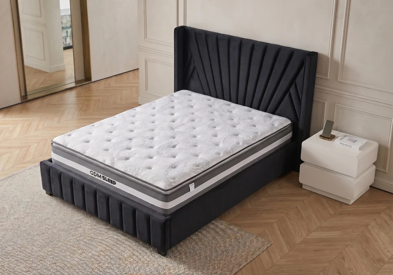 Ensemble lit en velours noir et matelas 7 zones - Venice