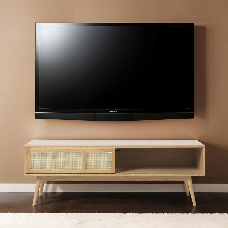 Meuble TV 150 cm 1 porte - Bois et rotin - CAPRI