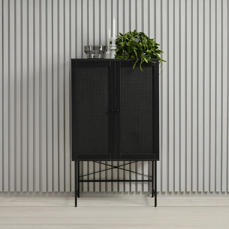 Buffet haut 2 portes - Bois et cannage noirs - MANAROLA