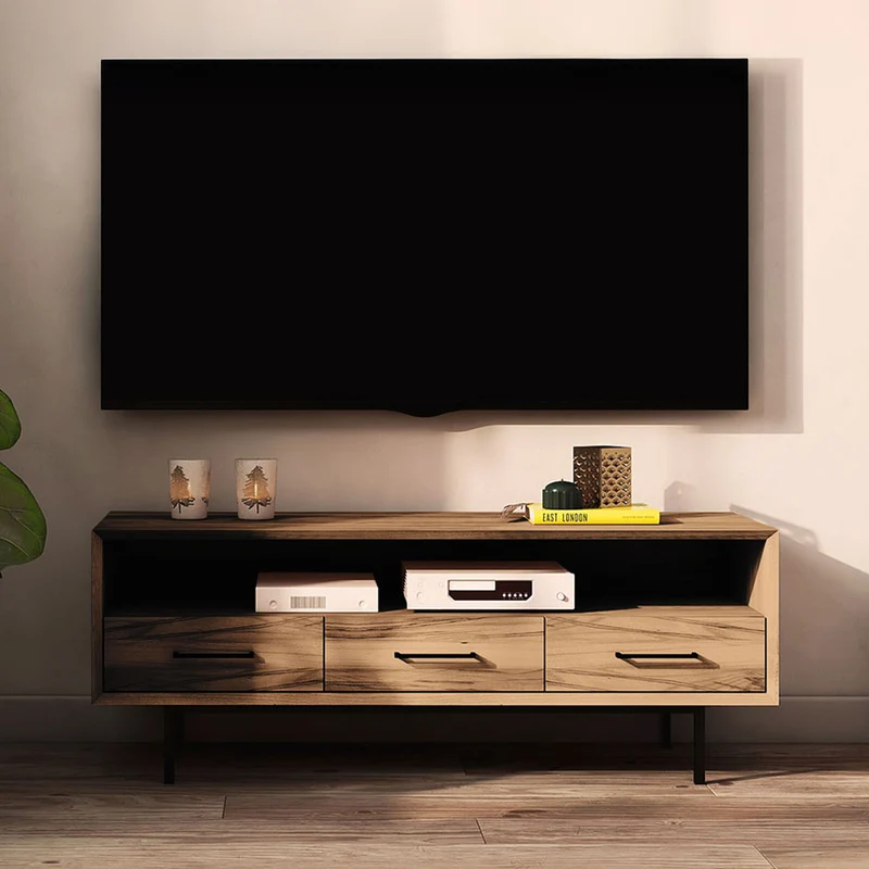 Meuble TV 144 cm 3 tiroirs - Bois massif hêtre - PAOLA