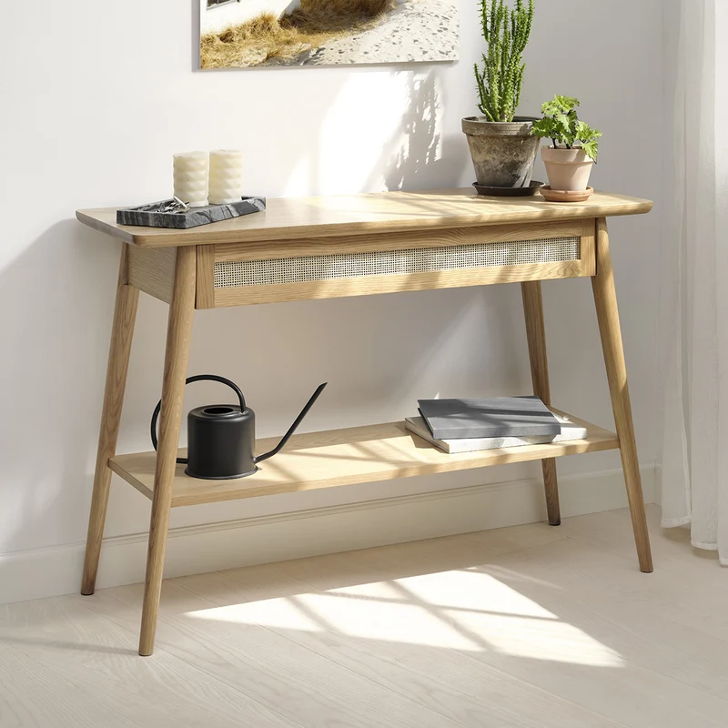 Console 120 cm 2 plateaux 1 tiroir - Bois et rotin - CAPRI