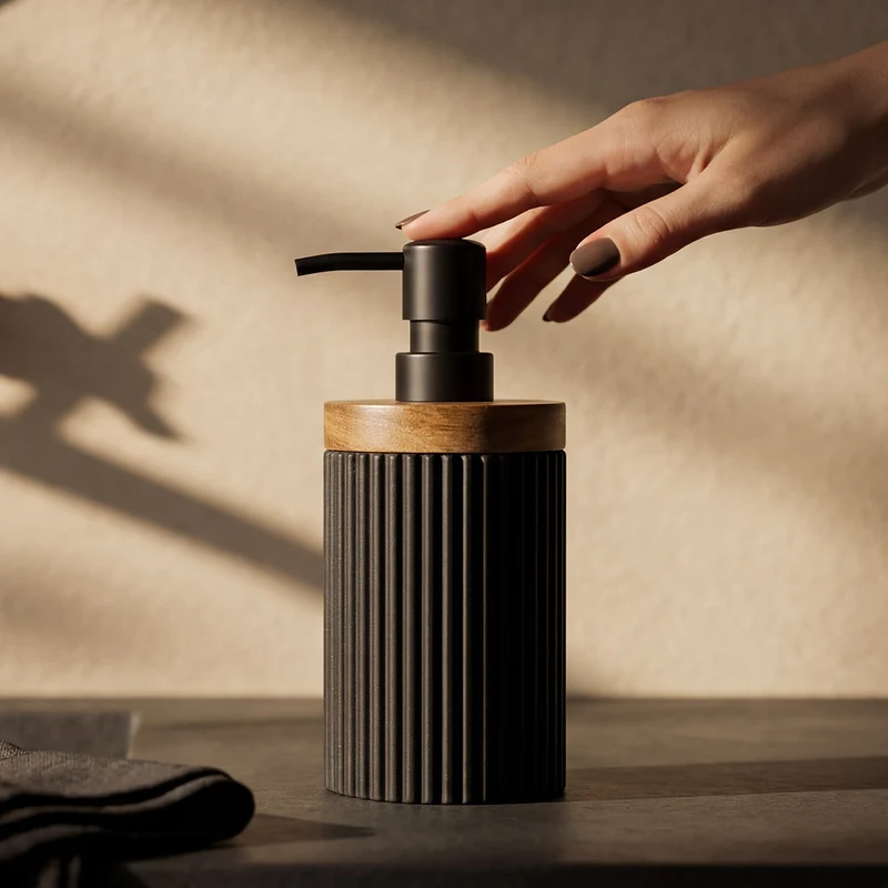 Distributeur de savon - Résine noire et bois - LAGO