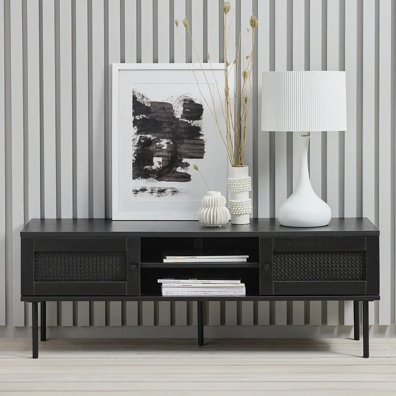 Meuble TV 120 cm 2 portes - Bois et cannage noirs - MANAROLA