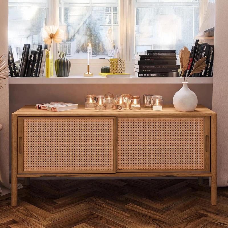 Meuble bas 142 cm 2 portes - Bois massif hêtre et rotin - SOGNO