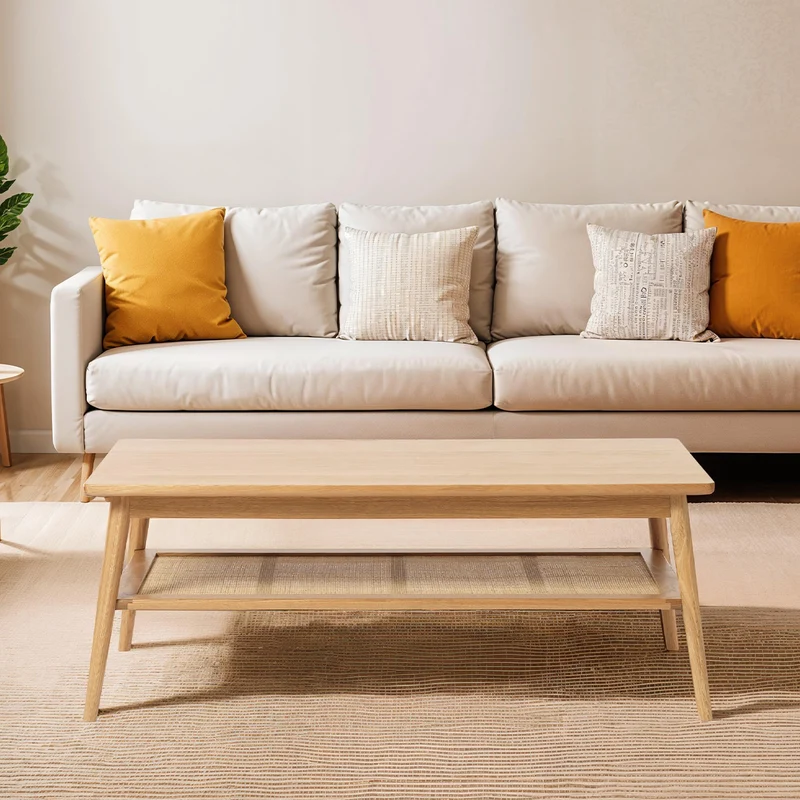 Table basse 120 cm 2 plateaux - Bois et rotin - CAPRI