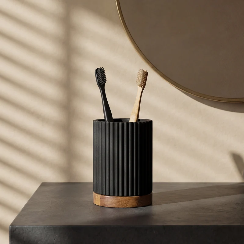 Pot brosse à dents - Résine noire et bois - LAGO