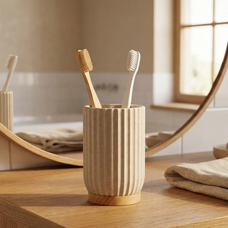 Pot brosse à dents - Résine beige et bois - OCEANO
