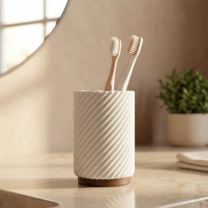 Pot brosse à dents - Résine blanche et bois - ASCOLI