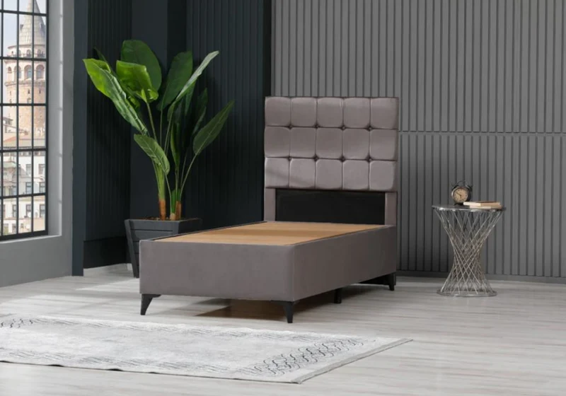 Lit coffre complet 1 place velours gris - Lore
