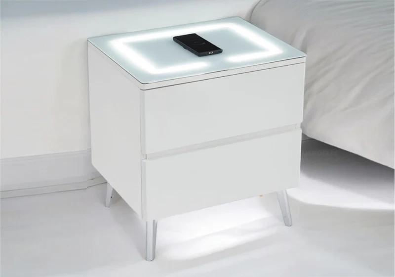 Table chevet led chargeur blanc argent - Leni