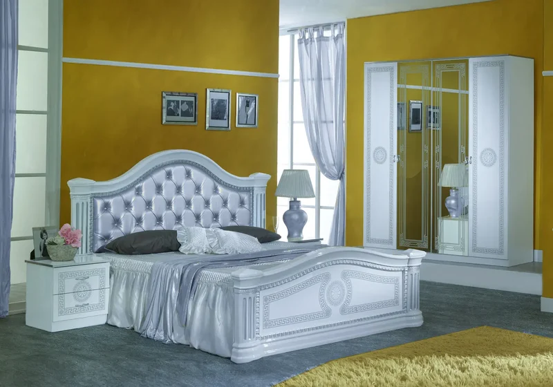 Chambre complète capitonnée laquée blanc argent ROBBY