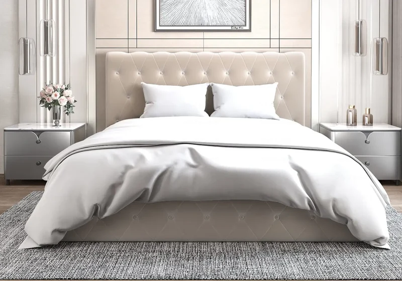 Lit coffre velours beige capitonné - Lise