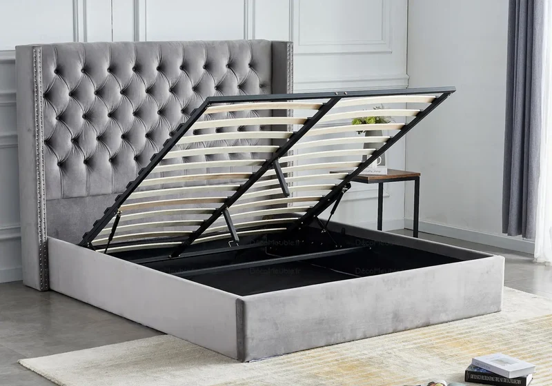 Lit coffre capitonné velours gris - Chester