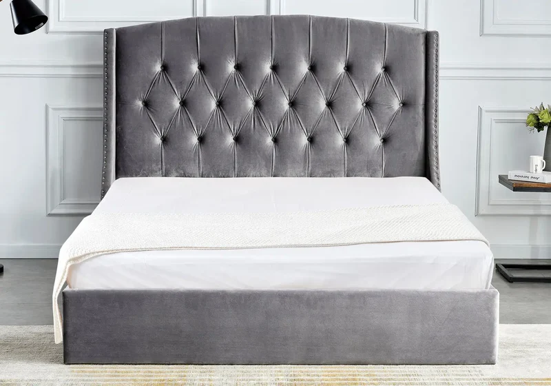 Lit coffre capitonné velours gris - Gina