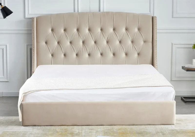 Lit coffre capitonné velours beige - Gina