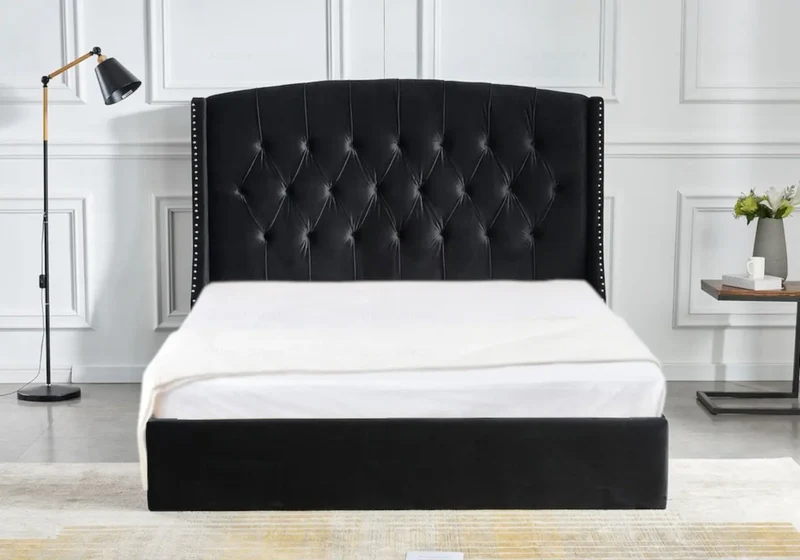 Lit coffre capitonné velours noir - Gina