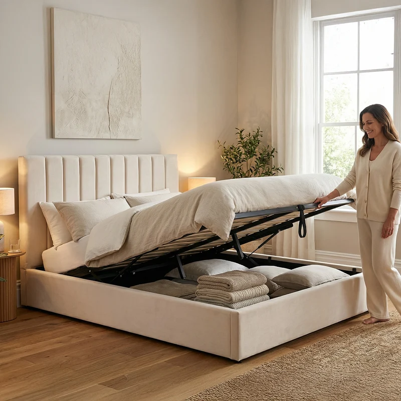 Lit coffre - Velours beige - GIULIA