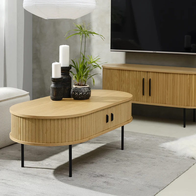 Table basse ovale 120 cm 2 portes - Bois - ALBA