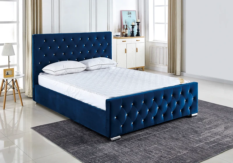 Lit double capitonné en velours bleu avec strass - Anis