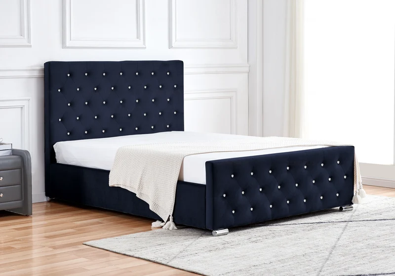 Lit double capitonné en velours noir avec strass - Anis