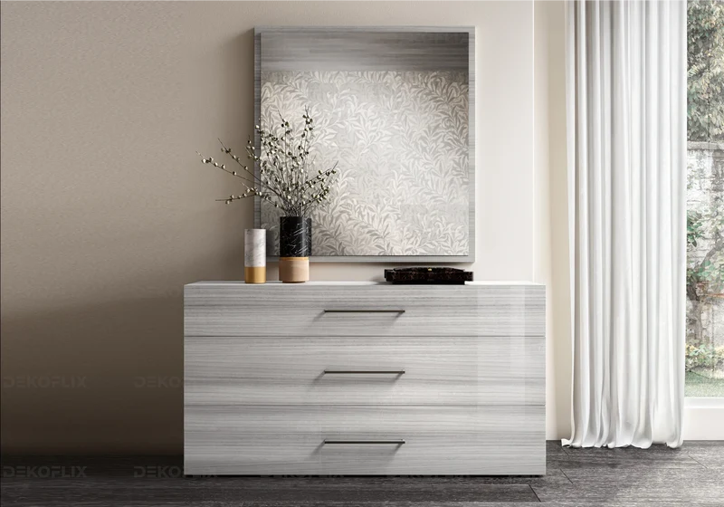 Commode 3 tiroirs gris argent laquée design - Mia