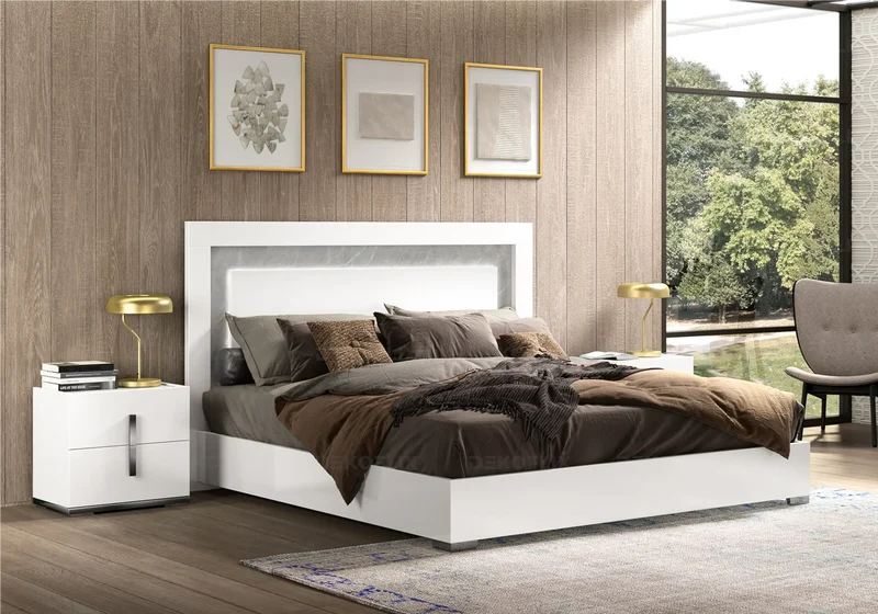 Lit adulte blanc laqué tête de lit LED - Mara