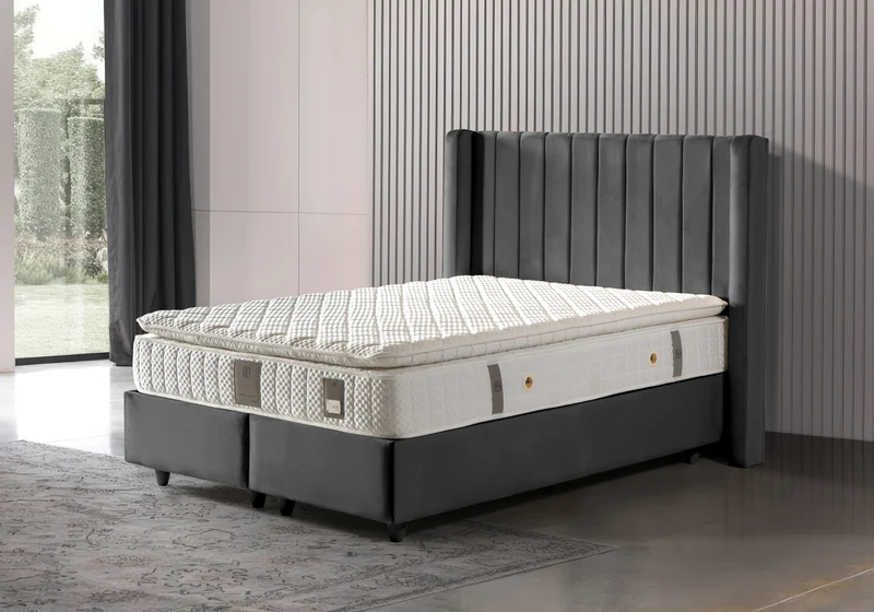 Lit coffre complet 2 places velours gris – Tokyo