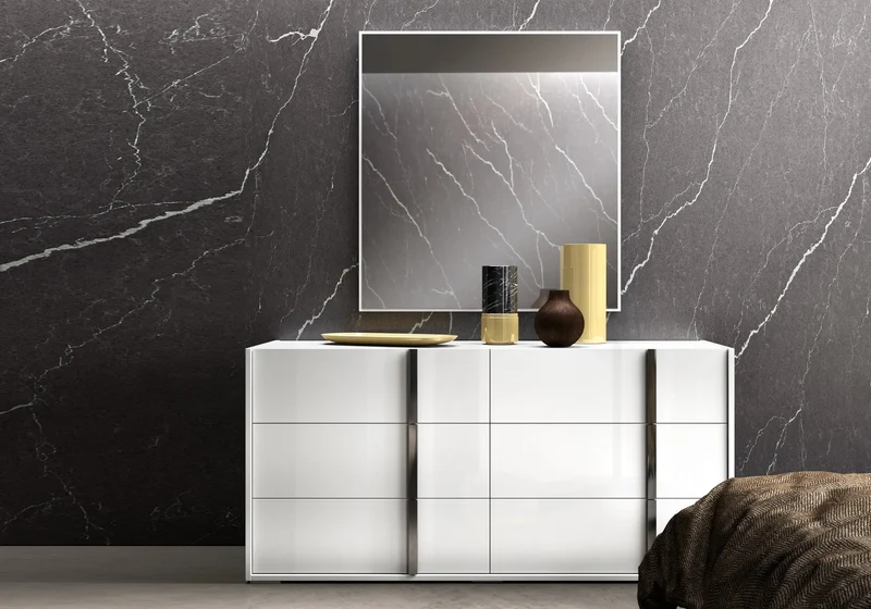 Commode double 6 tiroirs blanc laqué design - Bianca