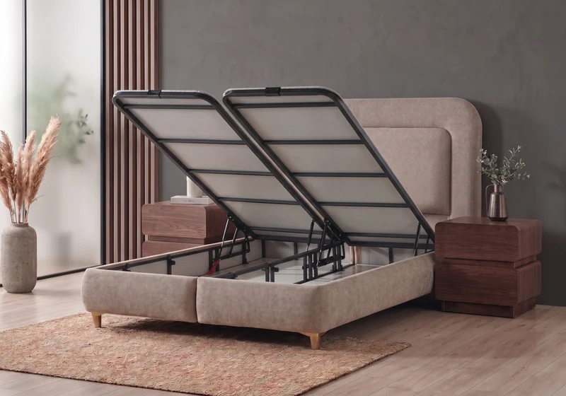 Lit coffre intégré tissu chenille taupe - Enzo